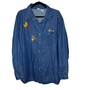 Cabin Creek Embroidered Cat Denim Long Sleeve Button Down Shirt 22W